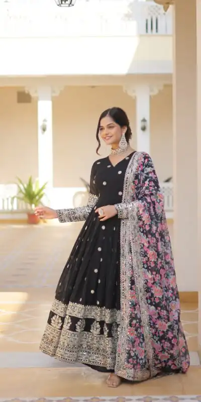 KA 1078 Black Faux Georgette Gown Perfect for Wedding, Party, Makar Sankranti, Karwa Chauth, Ethnic Day – . Now at just ₹3349. Delivery 4-6 Working D | Gowns, Bollywood Gowns, Creative Gowns, Designer Gowns, Embroidered Gowns, Party Wear Gowns