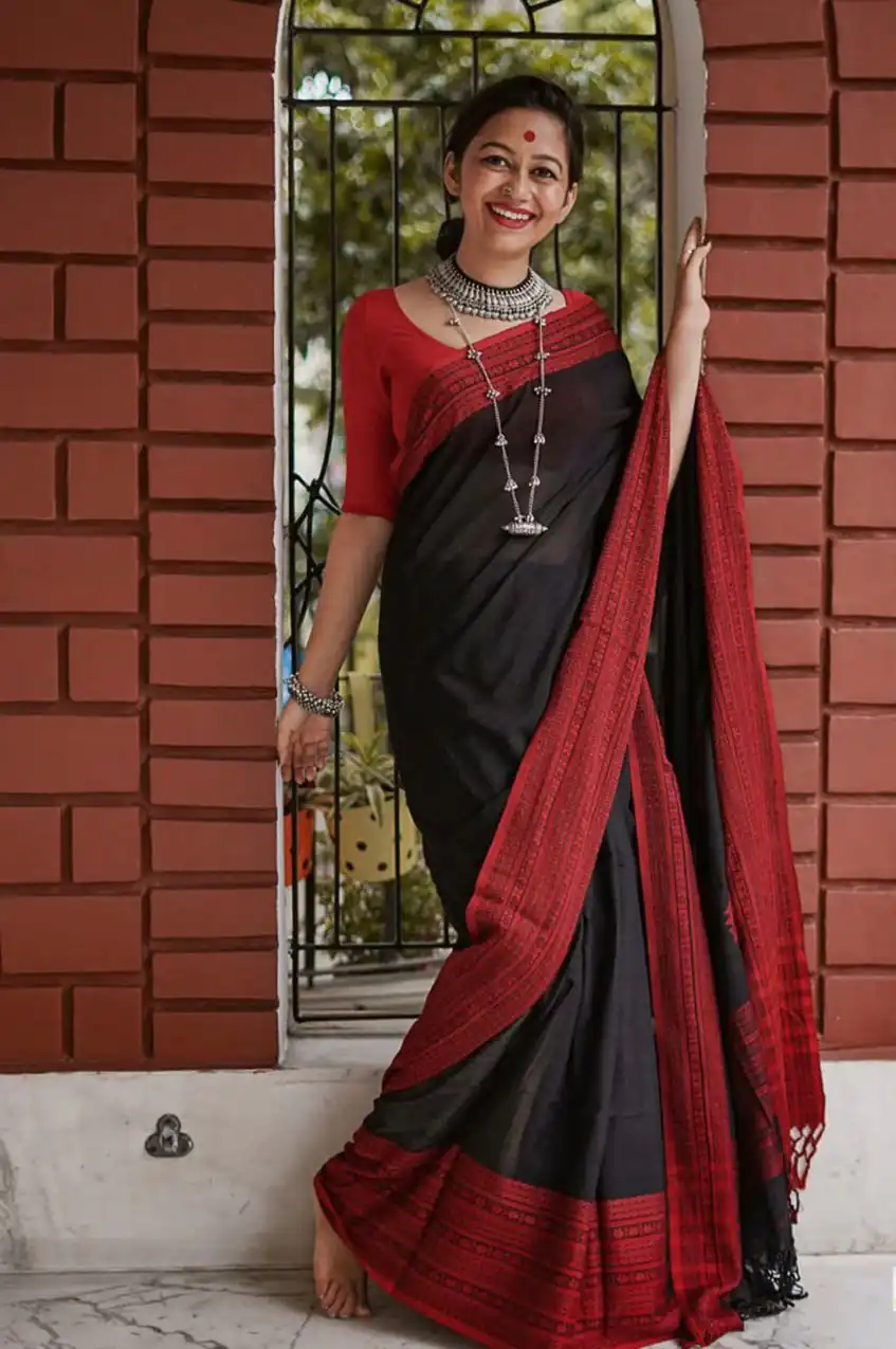 Black Soft Lilan Slab All Over Weaving Work Saree - Image 2