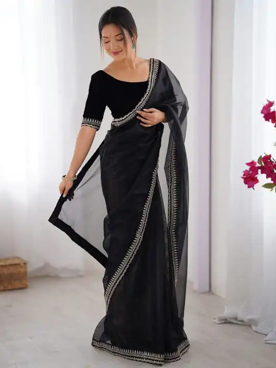 Black Soft Twil Net Silk Embroidery Work Saree - Image 4