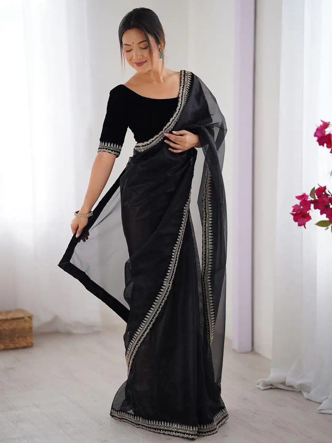 Black Soft Twil Net Silk Embroidery Work Saree - Image 5