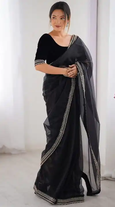 Black Soft Twil Net Silk Embroidery Work Saree