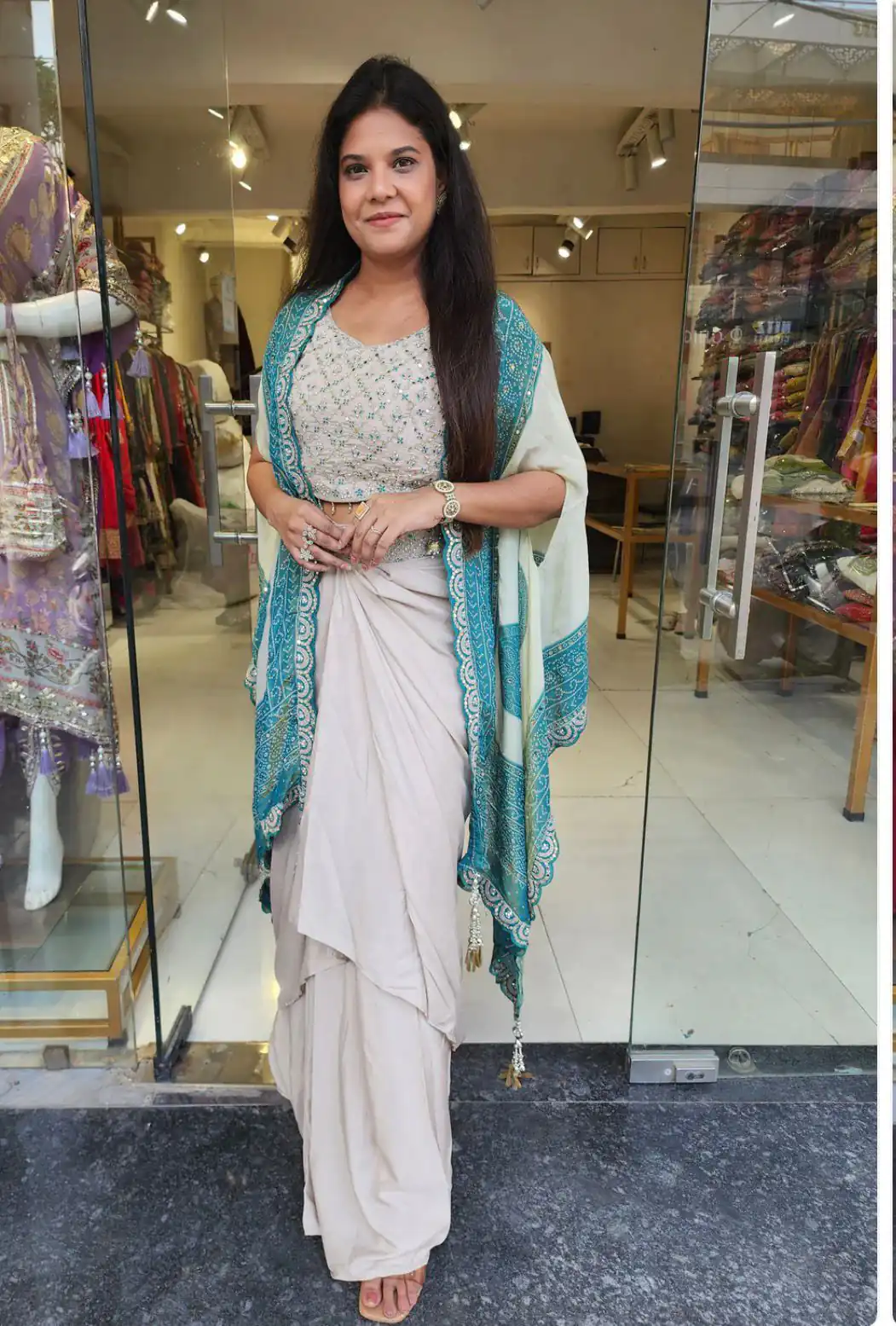 Blue Crap Silk Embroidery Mirror Work Dhoti Suit