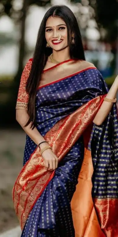 Blue Lichi Silk With Lace Work Saree