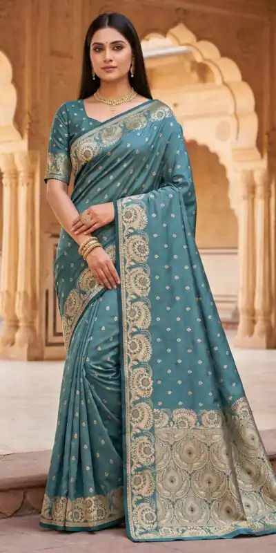 Blue Satin Silk Zari Woven Lace Work Saree