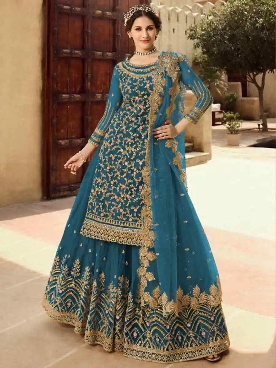 Blue Soft Net With Embroidery Work Salwar Suit