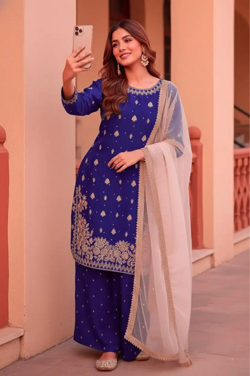 KF 1717 Blue Zimmy Silk Salwar Suit with Lace Work & Embroidery Work. Affordable Price ₹2149. Delivery 4-6 Working Days. Shop now. | Jump Suits, Salwar suit, Casual Suits, Creative suits, Designer Suits, Palazzo Suits, Party Wear Suits, Patiala Suits, Straight Suits