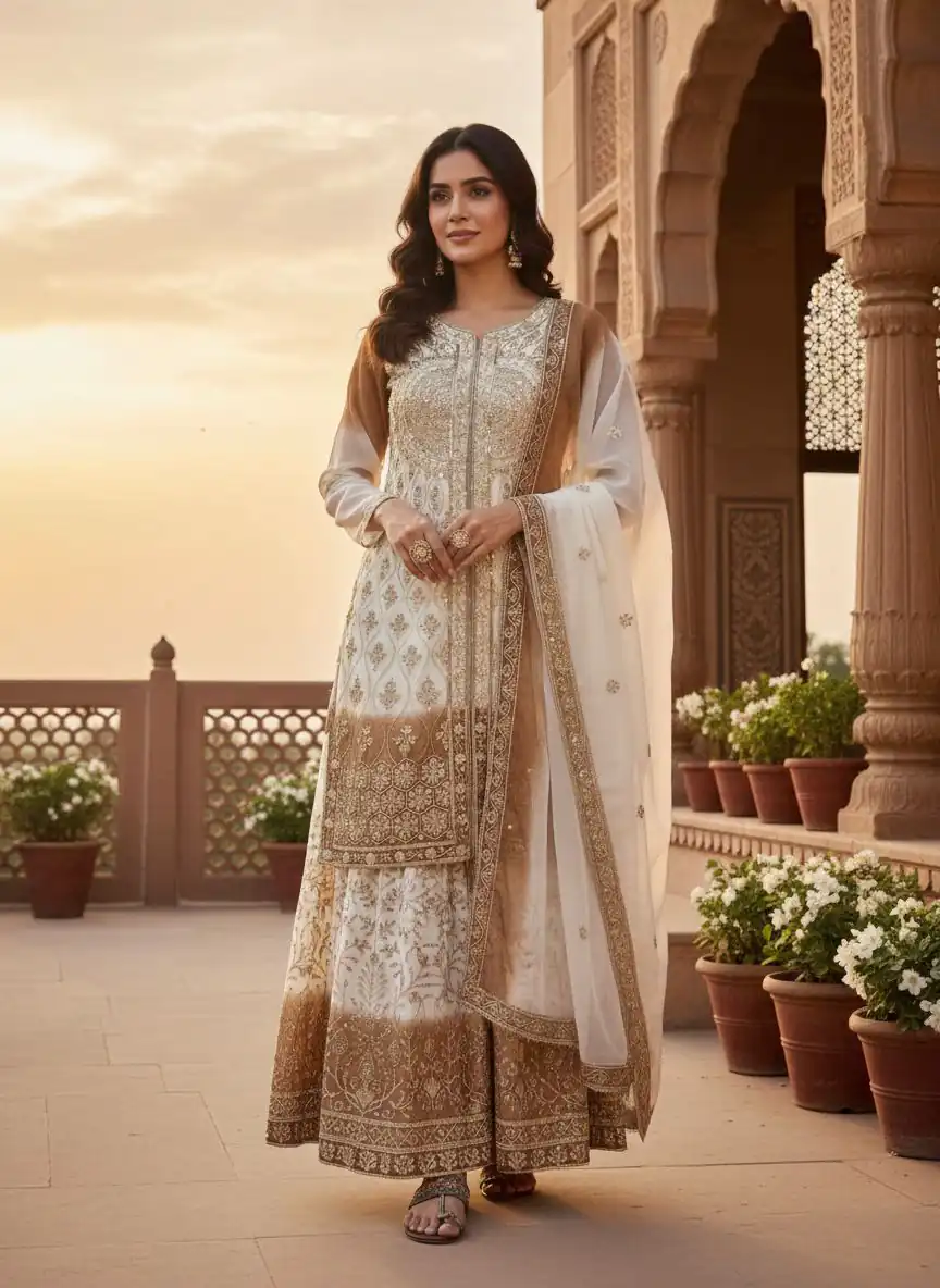 AD 224 Brown Color Dual Tone Star Georgette Salwar Suit with Embroidery Work. Affordable Price ₹2399. Delivery 4-6 Working Days. Shop now. | Jump Suits, Salwar suit, Casual Suits, Creative suits, Designer Suits, Palazzo Suits, Party Wear Suits, Patiala Suits, Straight Suits