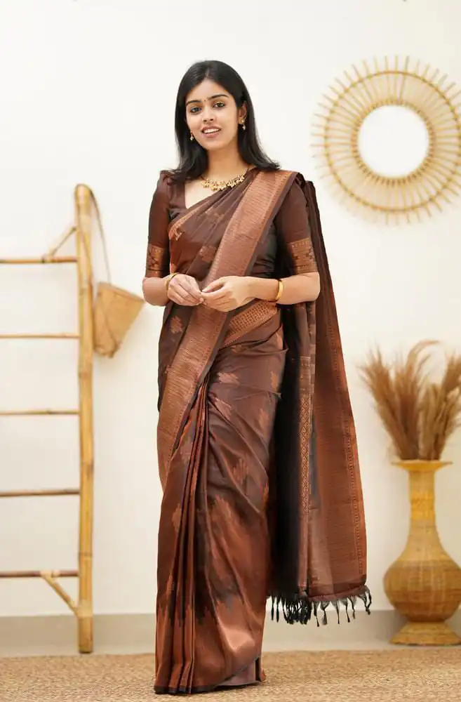 KPR 136 Brown in Soft Lichi Silk Lace Border & Lace Work Saree . Exclusive Offer ₹1299. Delivery 4-6 Working Days. Shop now. | Sarees, Bollywood Sarees, Creative Sarees, Designer Sarees, Embroidered Sarees, Ethnic Saree, Modern Digital sarees, Party Wear Sarees