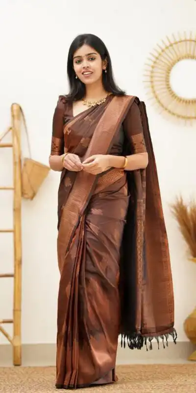 Brown Soft Lichi Silk Jacquard Rich Pallu Saree