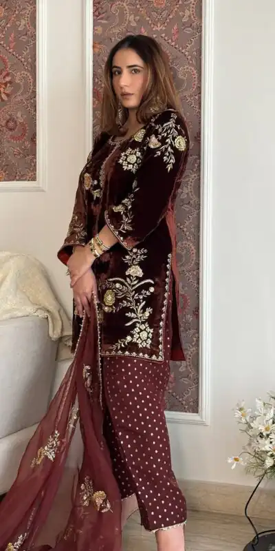MF 488 Brown Viscose Velvet Salwar Suit. Perfect for Wedding, Party, Lohri, Makar Sankranti, Engagement – Affordable Price ₹2149. Delivery 4-6 Workin | Jump Suits, Salwar suit, Casual Suits, Creative suits, Designer Suits, Palazzo Suits, Party Wear Suits, Patiala Suits, Straight Suits