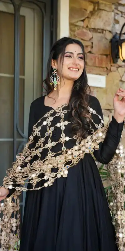 JF 036 Black Color Classic Roman Silk Gown with Embroidery Work. Available at ₹2599 only. Delivery 4-6 Working Days. Shop now. | Gowns, Bollywood Gowns, Creative Gowns, Designer Gowns, Embroidered Gowns, Party Wear Gowns