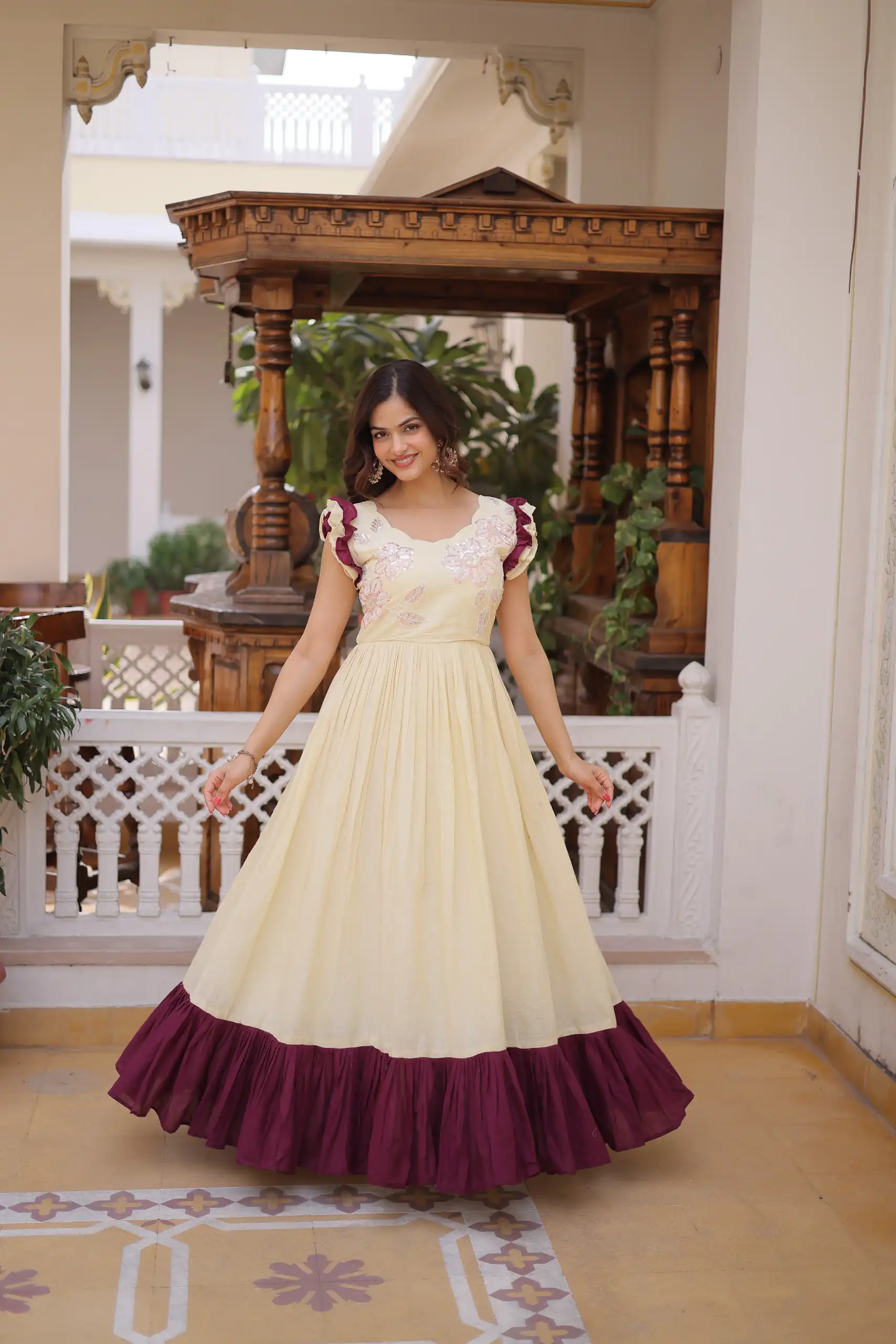 KA 1234 Cream Color Cotton Gown with Sequins Work & Embroidery Work. Festive Deal ₹1819. Delivery 4-6 Working Days. Shop now. | Gowns, Bollywood Gowns, Creative Gowns, Designer Gowns, Embroidered Gowns, Party Wear Gowns