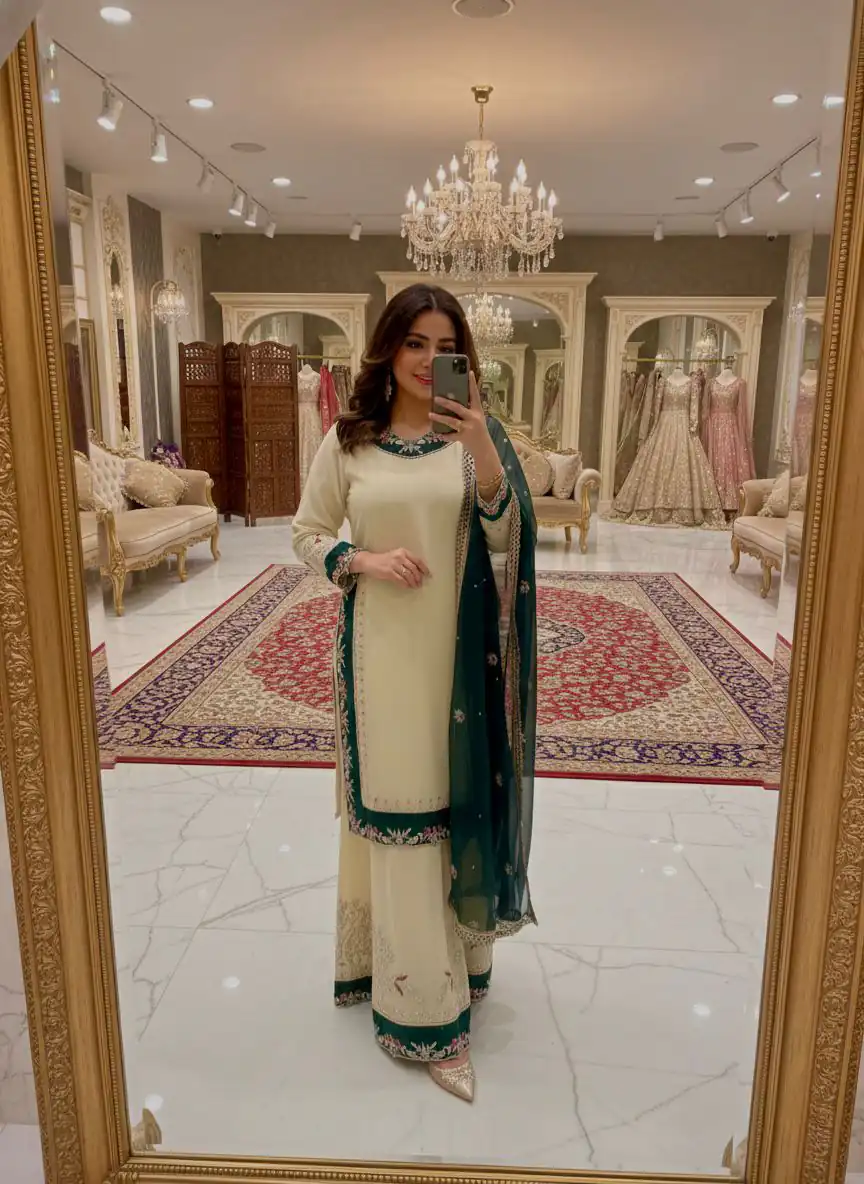 Cream Faux Georgette Sequence Hand Work Salwar Suit