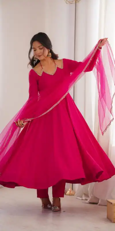 Dark Pink Soft Nylon Net Mirror Lace Work Anarkali Suit
