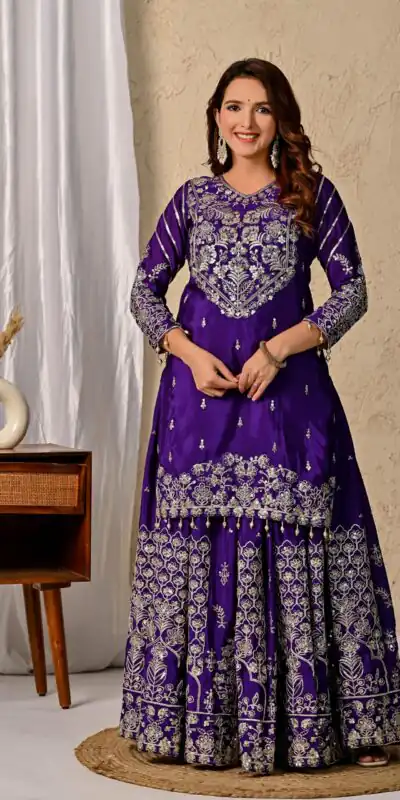 NF 1245 Dark Purple Chinon Silk Lehenga Choli with Embroidery Work & Zari Work. Now at just ₹2449. Delivery 4-6 Working Days. Shop now. | Lehenga, Bollywood Lehenga, Creative Lehenga, Designer Lehenga, Embroidered Lehenga, Party Wear Lehenga