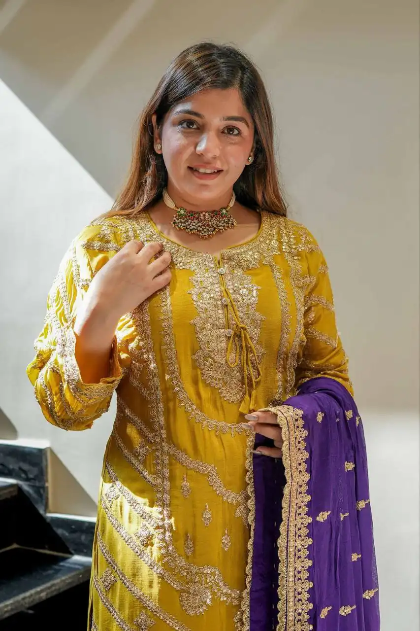 ZS 7001 Yellow Chinon Silk Salwar Suit with Embroidery Work & Lace Work. Affordable Price ₹2499. Delivery 4-6 Working Days. Shop now. | Jump Suits, Salwar suit, Casual Suits, Creative suits, Designer Suits, Palazzo Suits, Party Wear Suits, Patiala Suits, Straight Suits