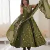 JF 038 Mehendi Roman Silk Gown with Embroidery Work. Wedding, Party, Festive, Events, Navratri, Exclusive Offer ₹2149. Delivery 4-6 Working Days. Shop now. | Gowns, Bollywood Gowns, Creative Gowns, Designer Gowns, Embroidered Gowns, Party Wear Gowns