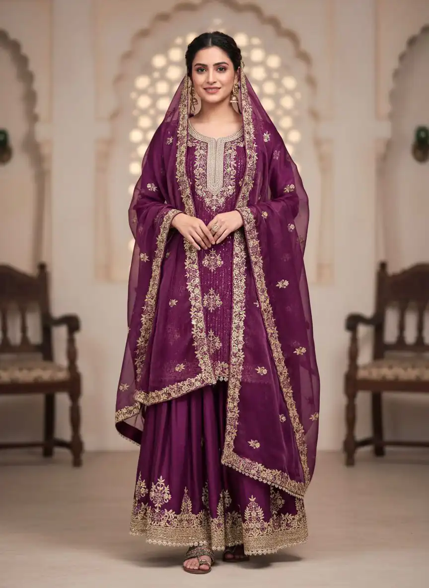 AD 219 Wine in Pure Organza Silk Embroidery Work & Cut Work Salwar Suit . Exclusive Offer ₹2499. Delivery 4-6 Working Days. Shop now. | Jump Suits, Salwar suit, Casual Suits, Creative suits, Designer Suits, Palazzo Suits, Party Wear Suits, Patiala Suits, Straight Suits