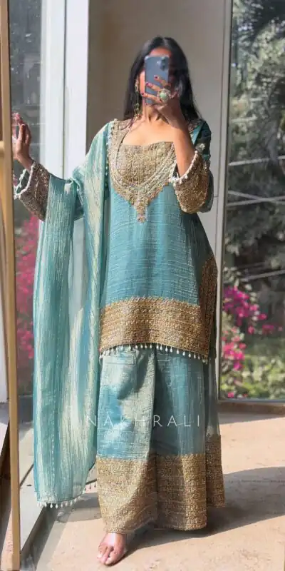 SR 1705 Firozi Fendy Silk Salwar Suit Perfect for Wedding, Party, Cultural Events, Sangeet, Housewarming – . Grab it for ₹2449. Delivery 4-6 Working Da | Jump Suits, Salwar suit, Casual Suits, Creative suits, Designer Suits, Palazzo Suits, Party Wear Suits, Patiala Suits, Straight Suits