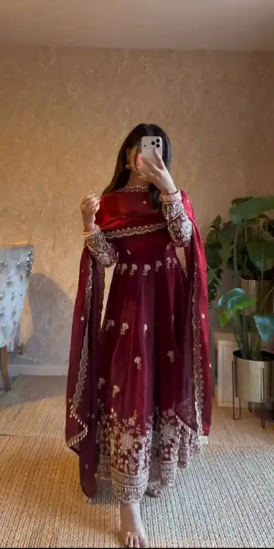 RTC 5985 Maroon Fendy Silk Salwar Suit with Mirror Work & Embroidery Work. Best Price ₹2499. Delivery 4-6 Working Days. Shop now. | Anarkali Suits, Bollywood Anarkali, Creative-Anarkali, Designer Anarkali, Embroidered Anarkali, Party Wear Anarkali