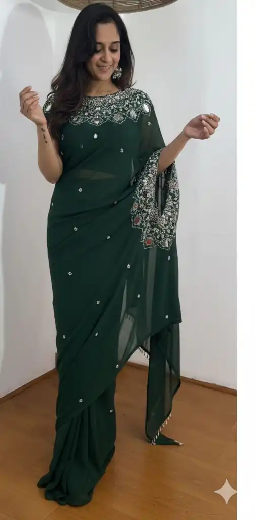 ST 1157 Green in Faux Georgette Mirror Work & Embroidery Work Saree. Festive Deal ₹1899. Delivery 4-6 Working Days. Shop now. | Sarees, Bollywood Sarees, Creative Sarees, Designer Sarees, Embroidered Sarees, Ethnic Saree, Modern Digital sarees, Party Wear Sarees