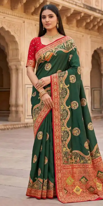 Green Pashmina Silk Woven Lace Border Saree