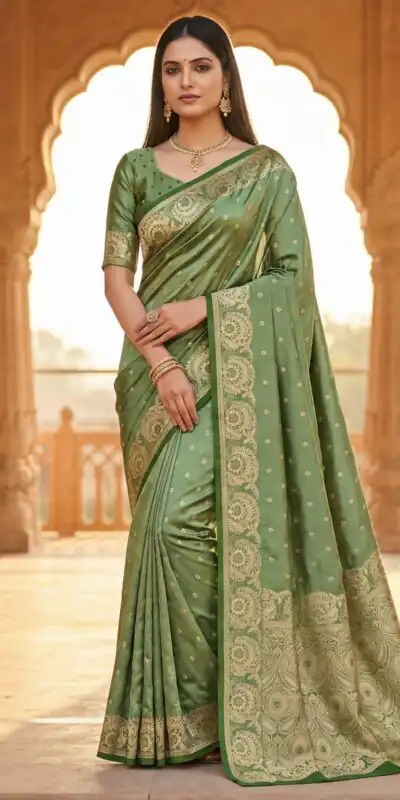 Green Satin Silk Zari Woven Lace Work Saree