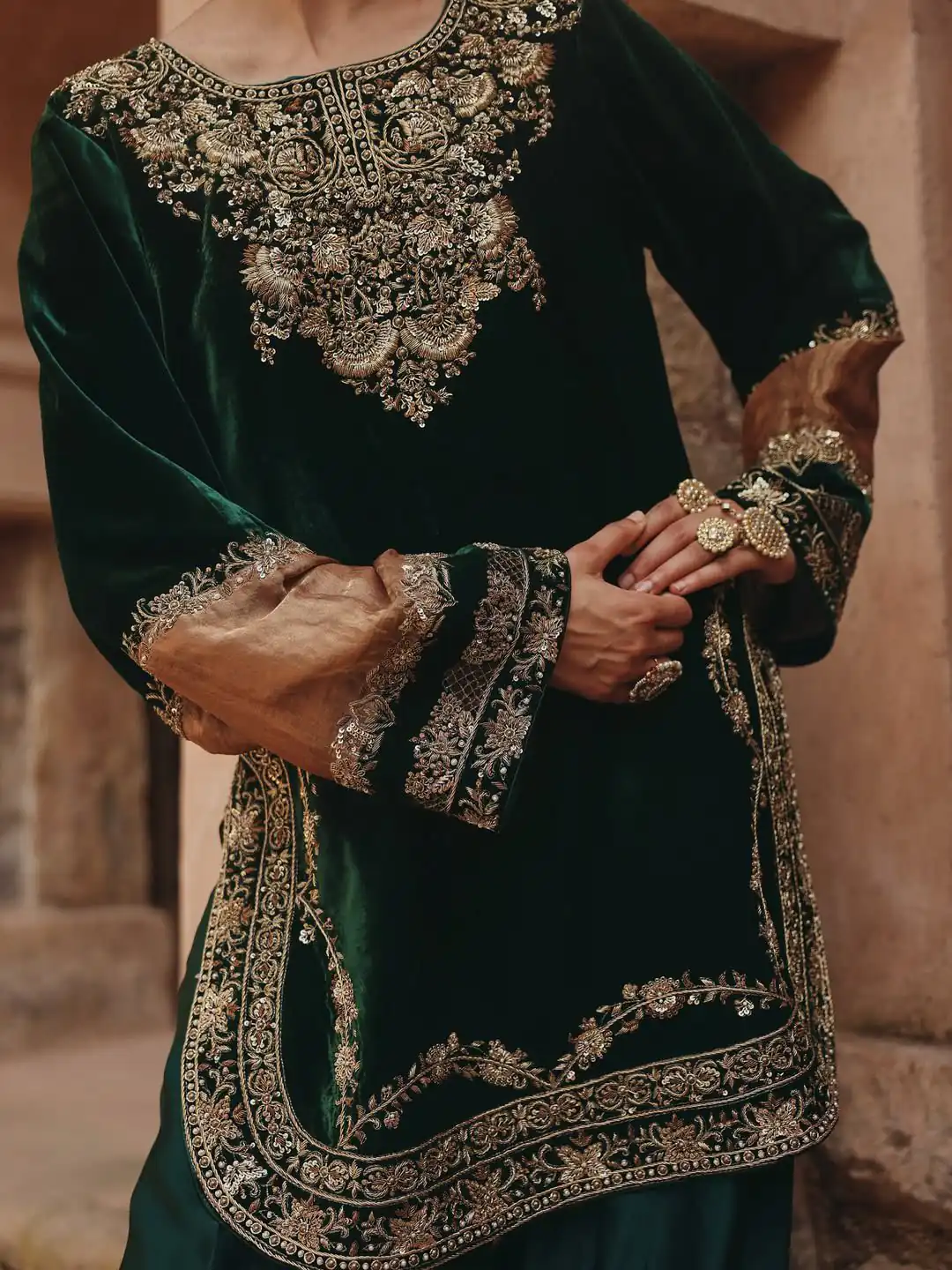 Green Velvet Mirror Sequence Work Salwar Suit - Image 6