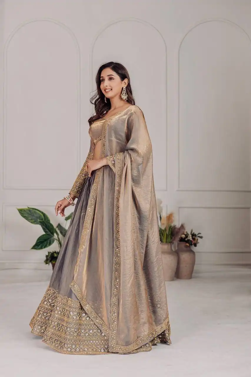 MT 1039 Grey Fendi Chiffon Lehenga Choli with Zari Work & Embroidery Work. Introductory Price ₹2599. Delivery 4-6 Working Days. Shop now. | Lehenga, Bollywood Lehenga, Creative Lehenga, Designer Lehenga, Embroidered Lehenga, Party Wear Lehenga