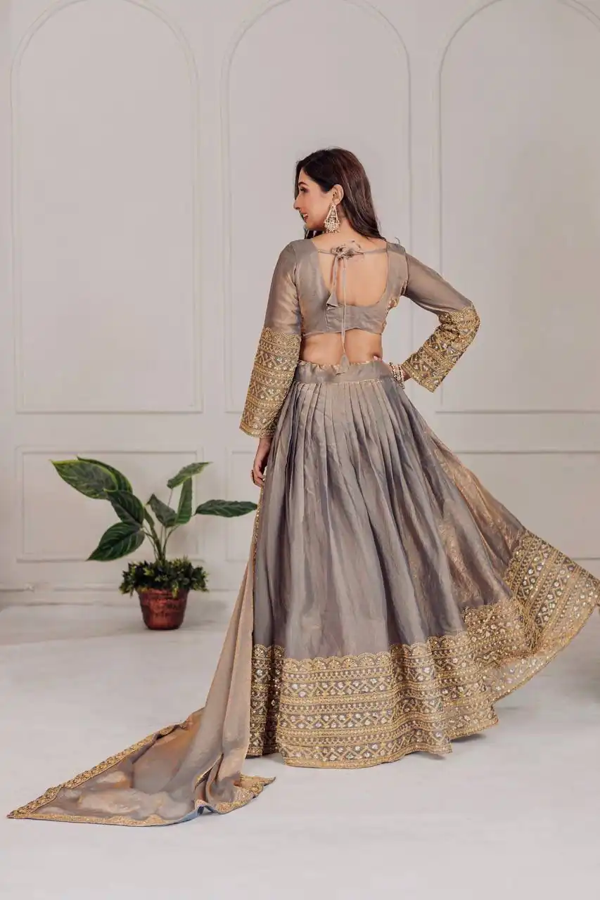 MT 1039 Grey Fendi Chiffon Lehenga Choli with Zari Work & Embroidery Work. Introductory Price ₹2599. Delivery 4-6 Working Days. Shop now. | Lehenga, Bollywood Lehenga, Creative Lehenga, Designer Lehenga, Embroidered Lehenga, Party Wear Lehenga