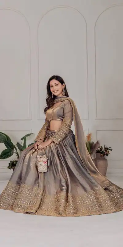 MT 1039 Grey Fendi Chiffon Lehenga Choli with Zari Work & Embroidery Work. Introductory Price ₹2599. Delivery 4-6 Working Days. Shop now. | Lehenga, Bollywood Lehenga, Creative Lehenga, Designer Lehenga, Embroidered Lehenga, Party Wear Lehenga