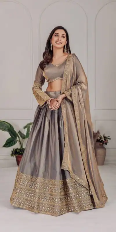 MT 1039 Grey Fendi Chiffon Lehenga Choli with Zari Work & Embroidery Work. Introductory Price ₹2599. Delivery 4-6 Working Days. Shop now. | Lehenga, Bollywood Lehenga, Creative Lehenga, Designer Lehenga, Embroidered Lehenga, Party Wear Lehenga