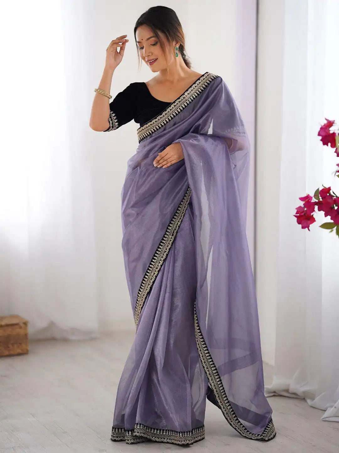 Lavender Soft Twil Net Silk Embroidery Work Saree