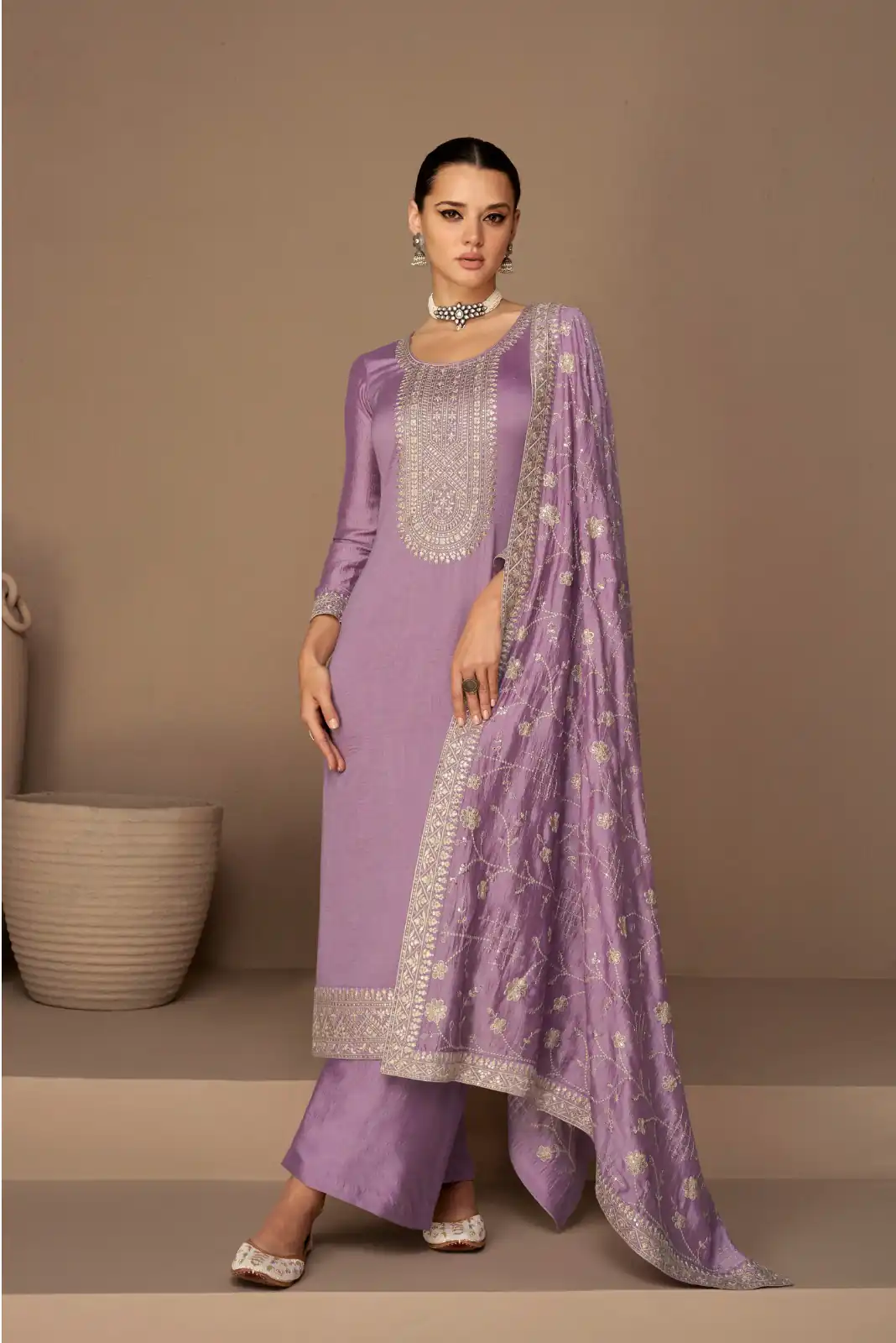 Lavender Vichitra Embroidery Stone Work Salwar Suit