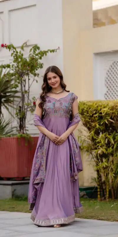 RR 39 Rust Lavender Silk Gown Perfect for Wedding, Party, Holi, Anniversary, Mehendi –. Grab it for ₹2149. Delivery 4-6 Working Days. Shop now. | Gowns, Bollywood Gowns, Creative Gowns, Designer Gowns, Embroidered Gowns, Party Wear Gowns