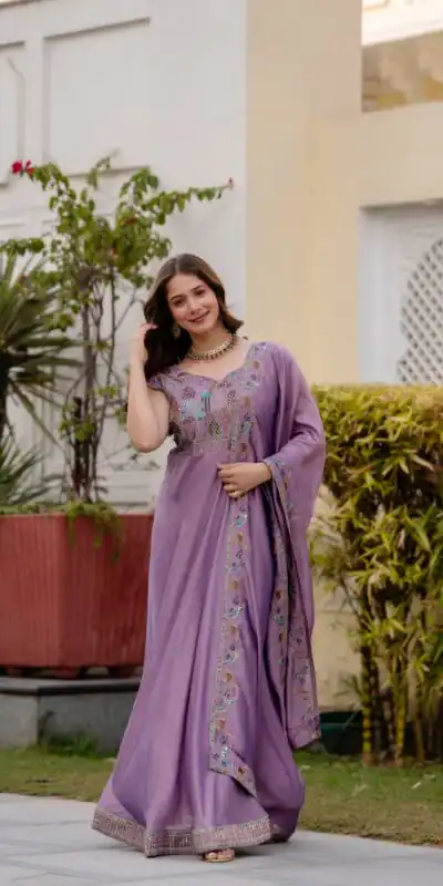 RR 39 Rust Lavender Silk Gown Perfect for Wedding, Party, Holi, Anniversary, Mehendi –. Grab it for ₹2149. Delivery 4-6 Working Days. Shop now. | Gowns, Bollywood Gowns, Creative Gowns, Designer Gowns, Embroidered Gowns, Party Wear Gowns