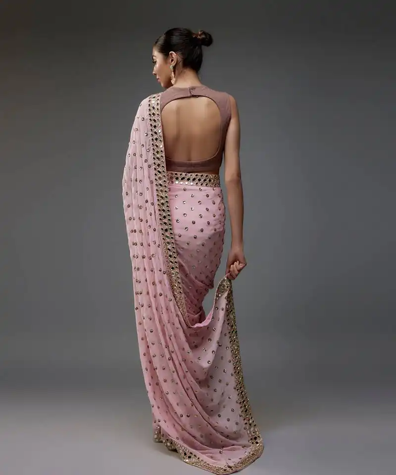 Light Pink Faux Georgette Mirror Sequins Work Saree - Image 2