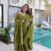KA 1237 Mehendi Mul Chanderi Anarkali Suit with Embroidery Work & Mirror Work. Grab it for ₹2449. Delivery 4-6 Working Days. Shop now. | Anarkali Suits, Bollywood Anarkali, Creative-Anarkali, Designer Anarkali, Embroidered Anarkali, Party Wear Anarkali