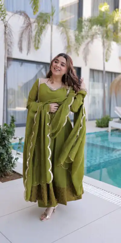 KA 1237 Mehendi Mul Chanderi Anarkali Suit with Embroidery Work & Mirror Work. Grab it for ₹2449. Delivery 4-6 Working Days. Shop now. | Anarkali Suits, Bollywood Anarkali, Creative-Anarkali, Designer Anarkali, Embroidered Anarkali, Party Wear Anarkali