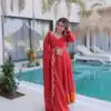KA 1237 Red Mul Chanderi Anarkali Suit with Embroidery Work & Mirror Work. Grab it for ₹2449. Delivery 4-6 Working Days. Shop now. | Anarkali Suits, Bollywood Anarkali, Creative-Anarkali, Designer Anarkali, Embroidered Anarkali, Party Wear Anarkali