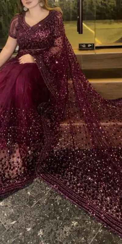 FB L307 Wine Sequins Work Saree in Wine Net. Available at ₹2599 only. Wedding, Party, Festive, Events, Delivery 4-6 Working Days. Shop now. | Sarees, Bollywood Sarees, Creative Sarees, Designer Sarees, Embroidered Sarees, Ethnic Saree, Modern Digital sarees, Party Wear Sarees