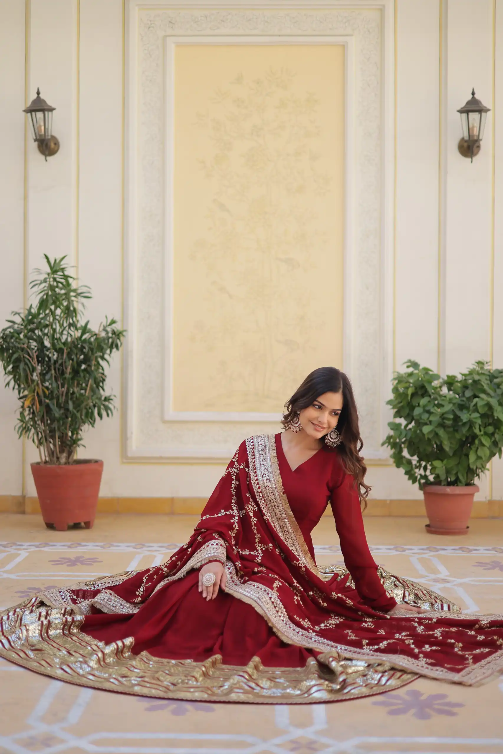 Maroon Faux Blooming Embroider Zari Gown - Image 5