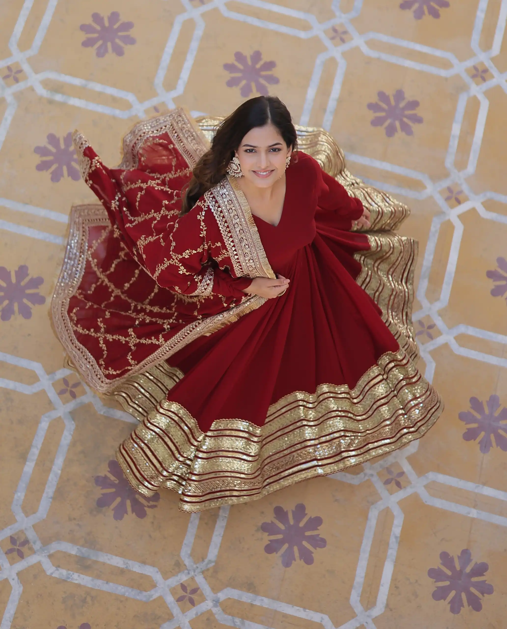 Maroon Faux Blooming Embroider Zari Gown - Image 6