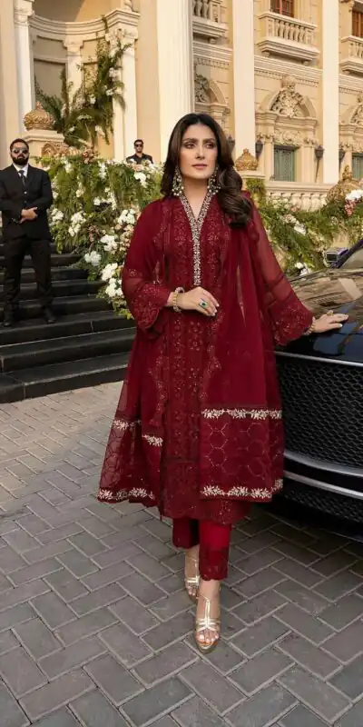 Maroon Faux Georgette Embroider Work Salwar Suit