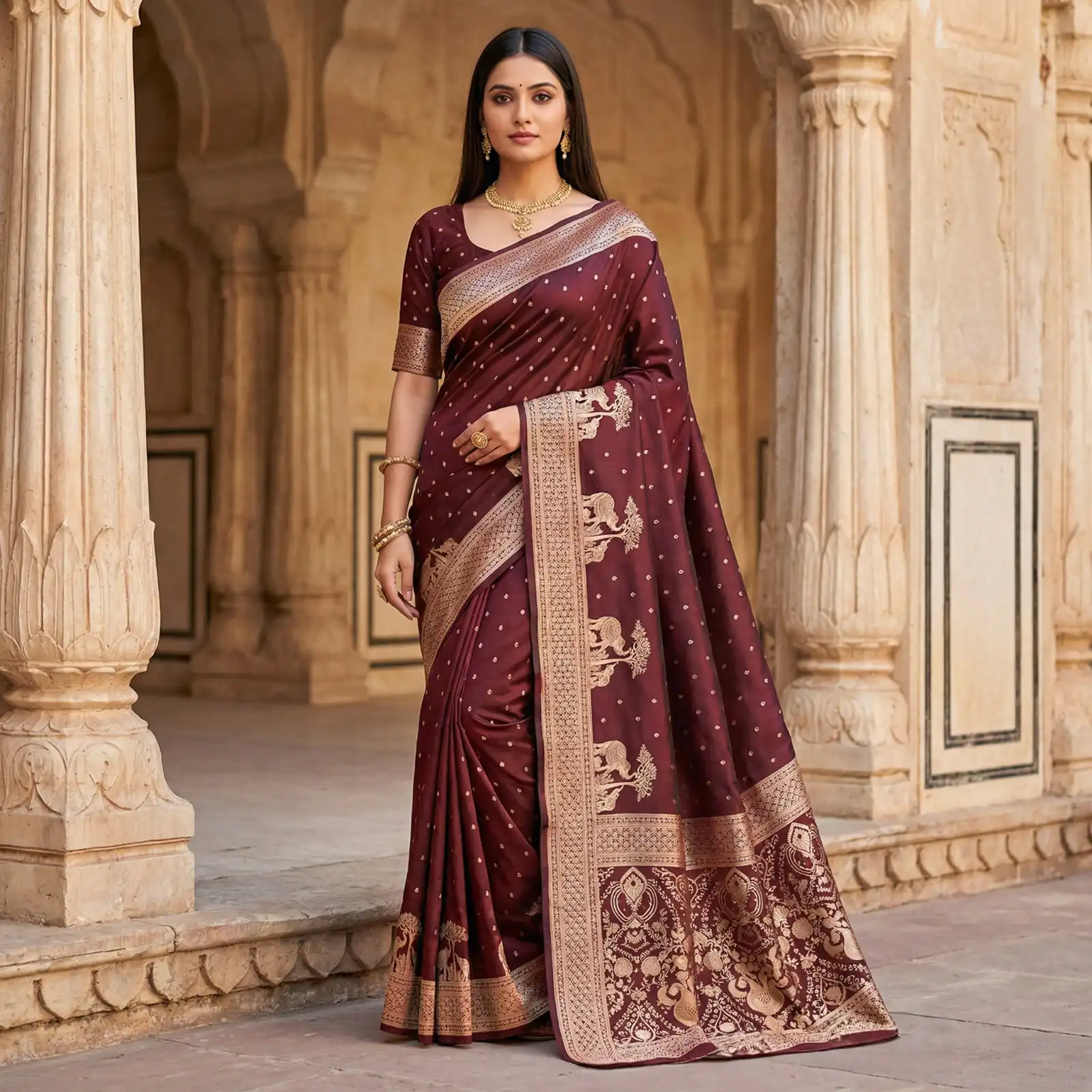 Maroon Pure Banarasi Silk Zari Lace Work Saree
