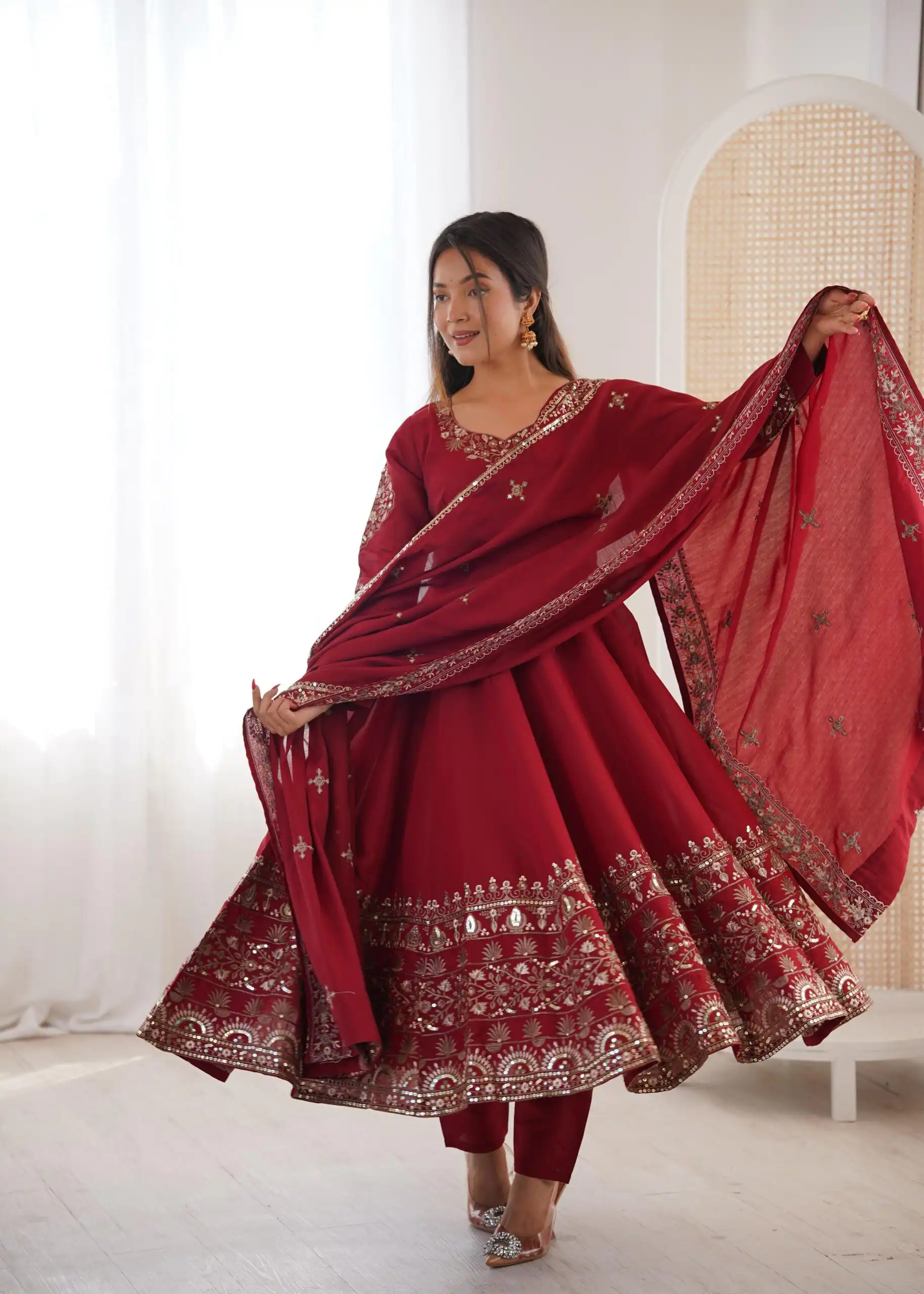 ZF 5016 Maroon Roman Silk Gown with Embroidery Work. Wedding, Party, Festive, Events, Navratri, Exclusive Offer ₹2499. Delivery 4-6 Working Days. Shop now. | Gowns, Bollywood Gowns, Creative Gowns, Designer Gowns, Embroidered Gowns, Party Wear Gowns