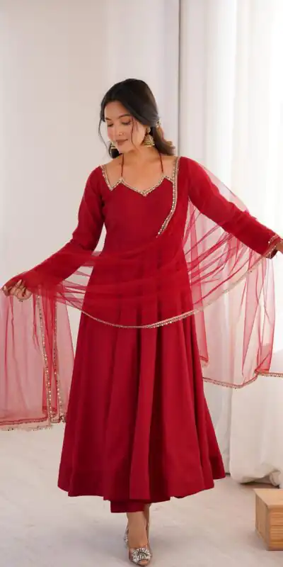 KB 293 Maroon Soft Nylon Net Anarkali Suit with Mirror Work & Lace Work. Get it for ₹1999. Delivery 4-6 Working Days. Shop now. | Anarkali Suits, Bollywood Anarkali, Creative-Anarkali, Designer Anarkali, Embroidered Anarkali, Party Wear Anarkali