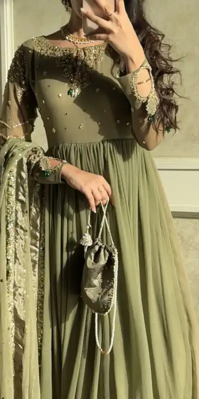 JF 014 Mehendi Faux Georgette Sequence Work Gown Gown. Wedding, Party, Festive, Events Grab it for ₹1949. Delivery 4-6 Working Days. Shop now. | Gowns, Bollywood Gowns, Creative Gowns, Designer Gowns, Embroidered Gowns, Party Wear Gowns