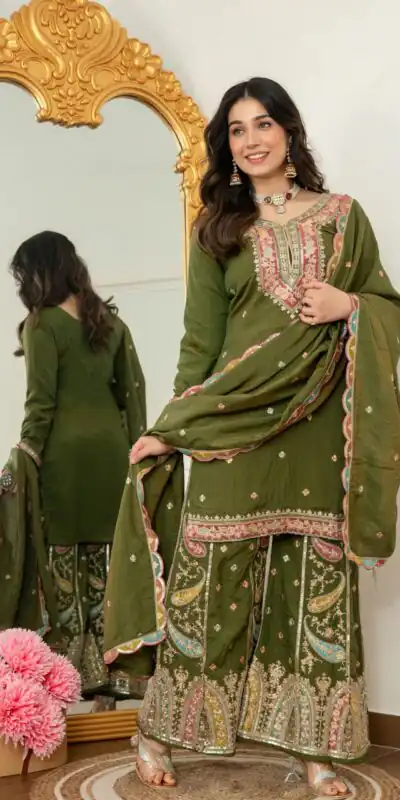 WW 6007 Mehendi Vichitra Silk Salwar Suit with Embroidery Work. Wedding, Party, Festive, Events, Grab it for ₹2599. Delivery 4-6 Working Days. Shop now. | Jump Suits, Salwar suit, Casual Suits, Creative suits, Designer Suits, Palazzo Suits, Party Wear Suits, Patiala Suits, Straight Suits