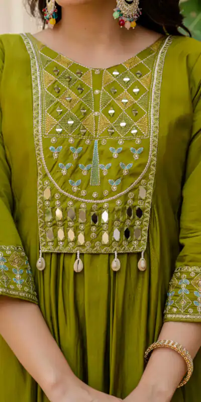 DIVA 126 Mehendi Viscose Roman Silk Anarkali Suit with Mirror Work & Embroidery Work. Affordable Price ₹2049. Delivery 4-6 Working Days. Shop now. | Anarkali Suits, Bollywood Anarkali, Creative-Anarkali, Designer Anarkali, Embroidered Anarkali, Party Wear Anarkali